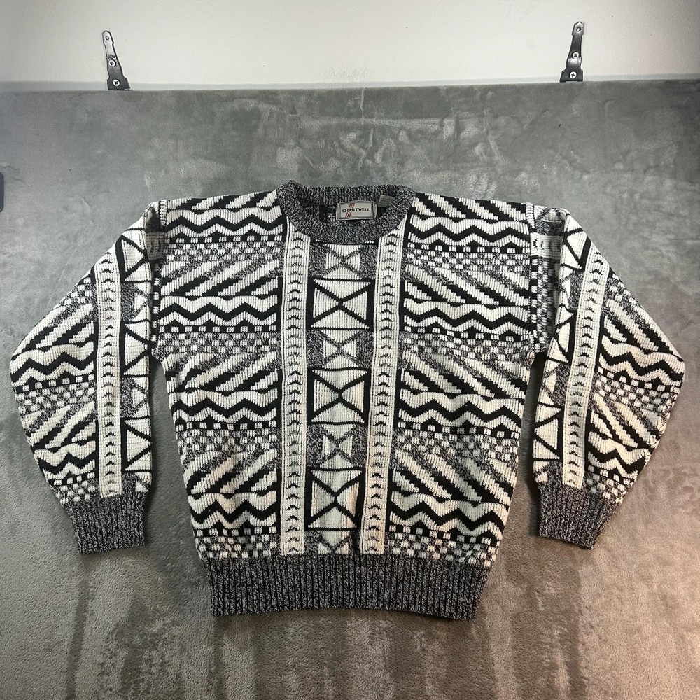 Vintage Chartwell Sweater Mens Large Black White Geometric Knit Pullover Winter